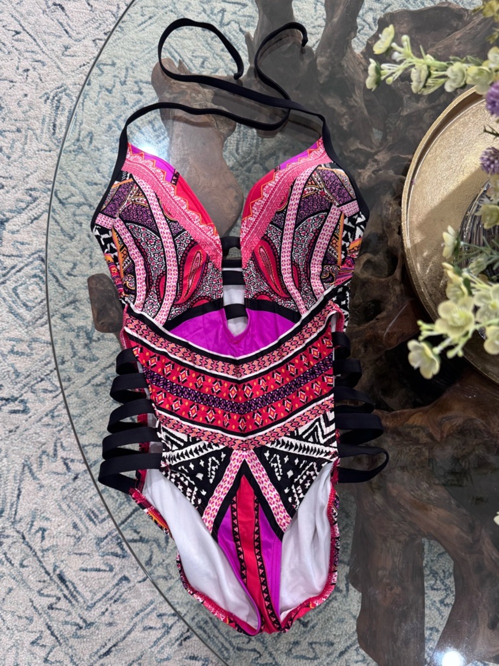 Kenneth Cole Pink Black Multi-Pattern One-Piece Swimsuit